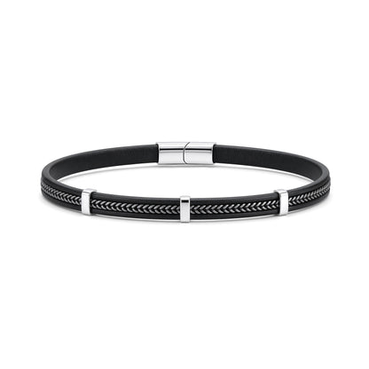 Black Leather Stainless Steel  Strap Bracelet 8" 21cm - BRC207