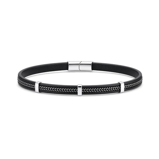 Black Leather Stainless Steel  Strap Bracelet 8" 21cm - BRC207