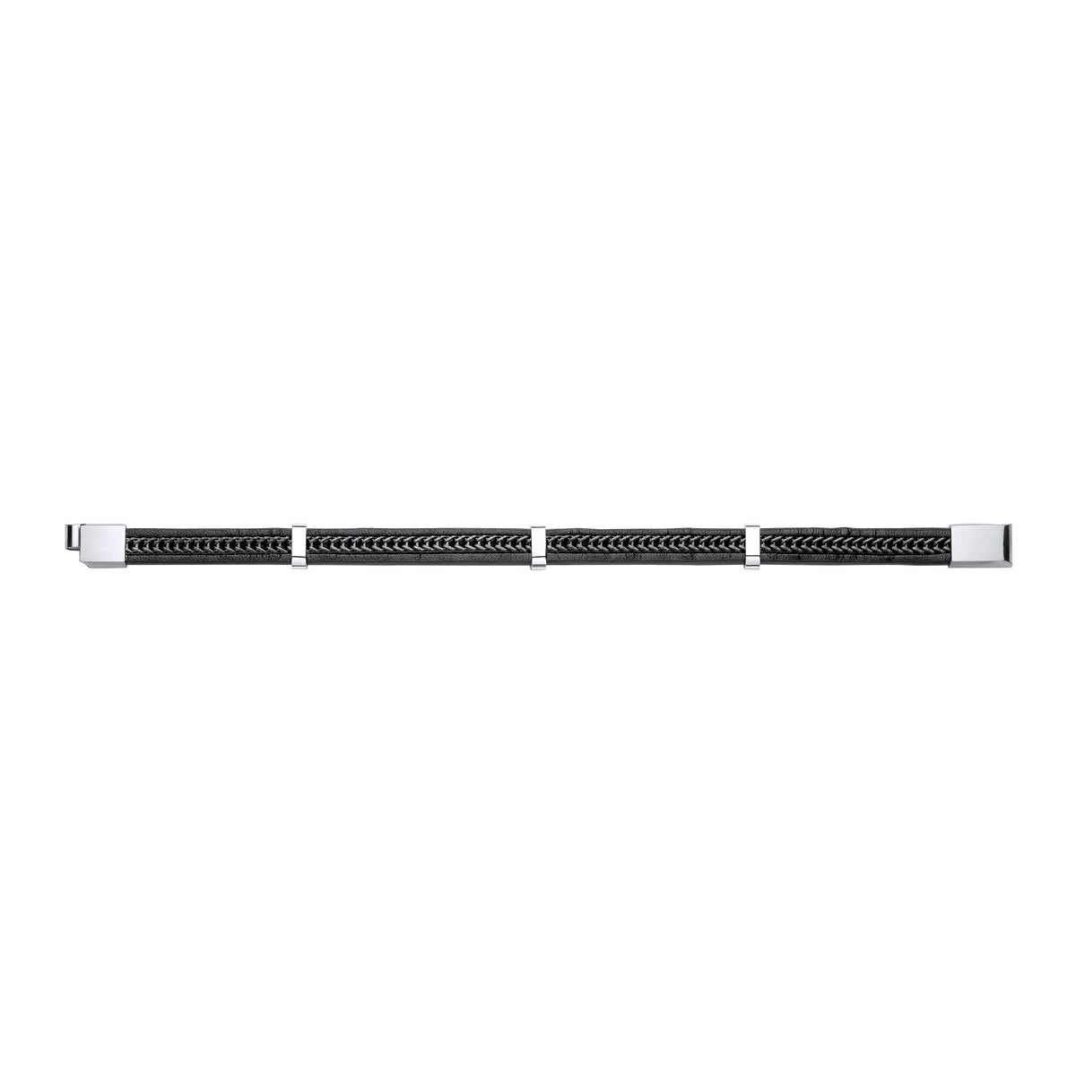 Black Leather Stainless Steel  Strap Bracelet 8" 21cm - BRC207
