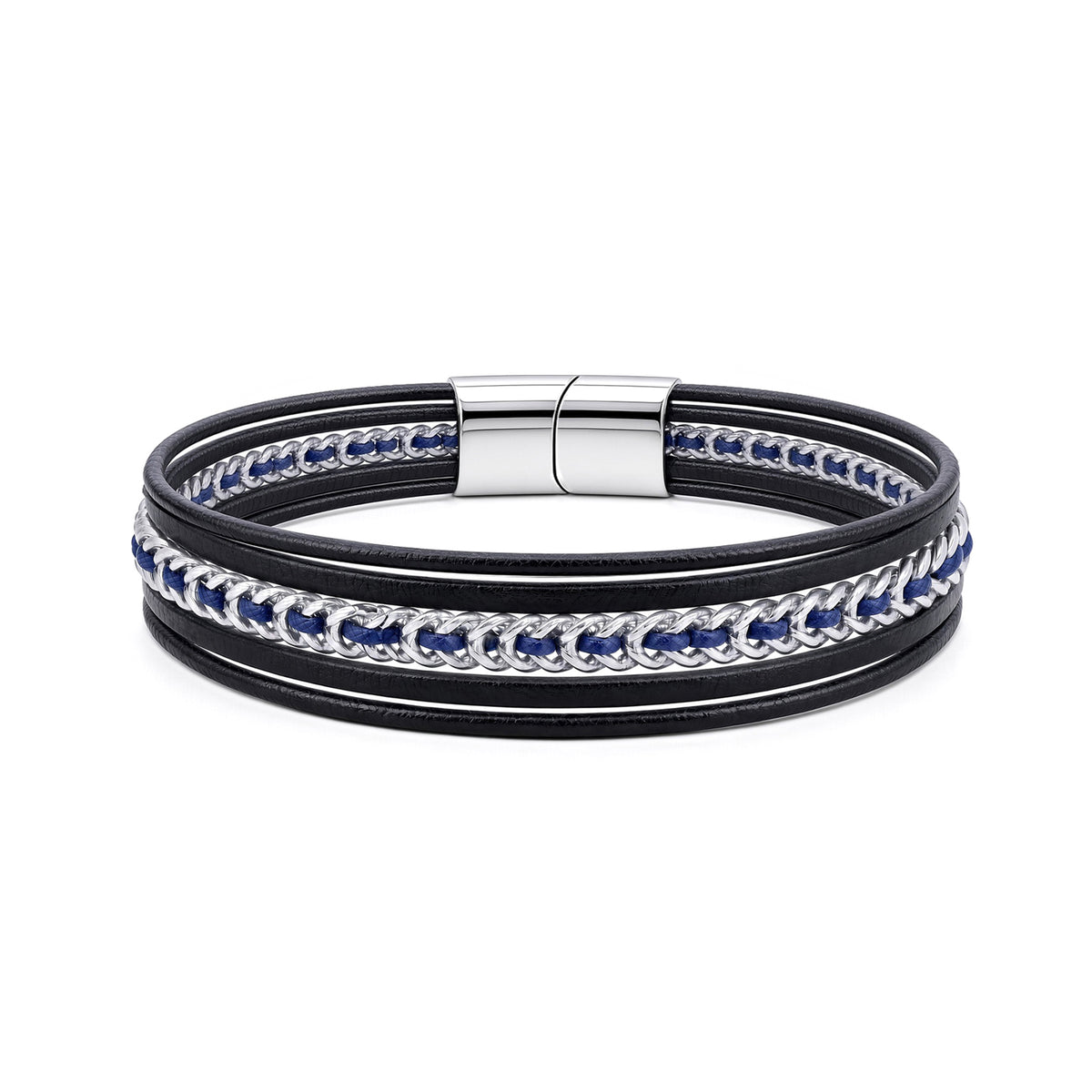 Black Leather Stainless Steel  Strap Bracelet 8" 21cm - BRC208