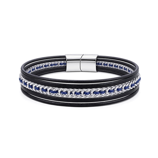 Black Leather Stainless Steel  Strap Bracelet 8" 21cm - BRC208