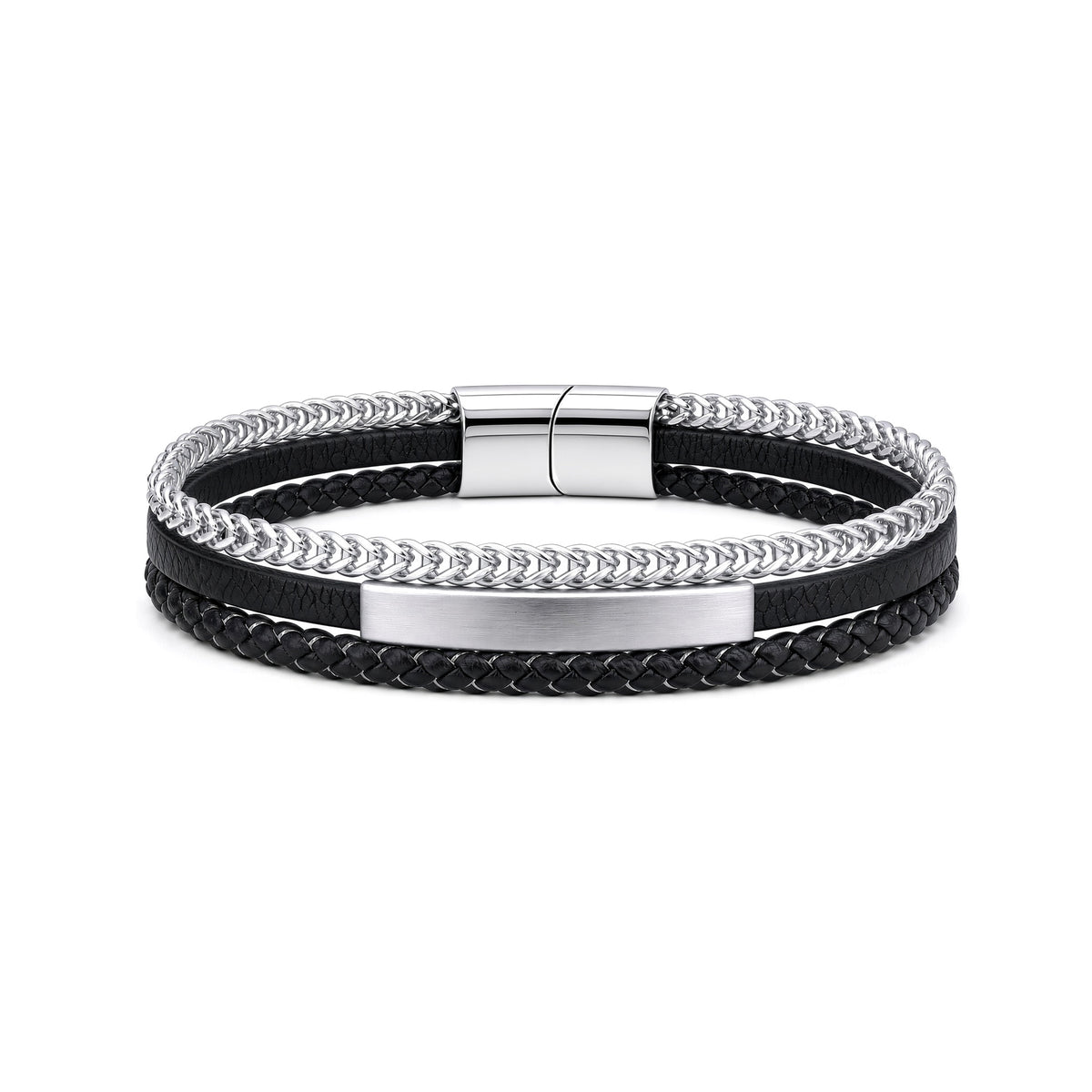 Black Leather Stainless Steel  Strap Bracelet 8" 21cm - BRC209