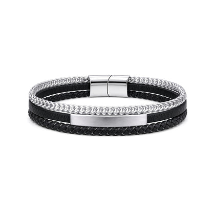 Black Leather Stainless Steel  Strap Bracelet 8" 21cm - BRC209