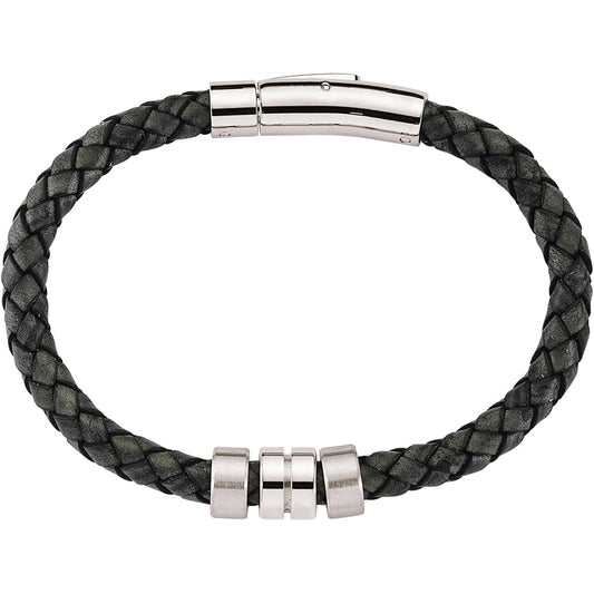 Mens Steel  Black Leather Platted Strap Bracelet 10mm - BRC46