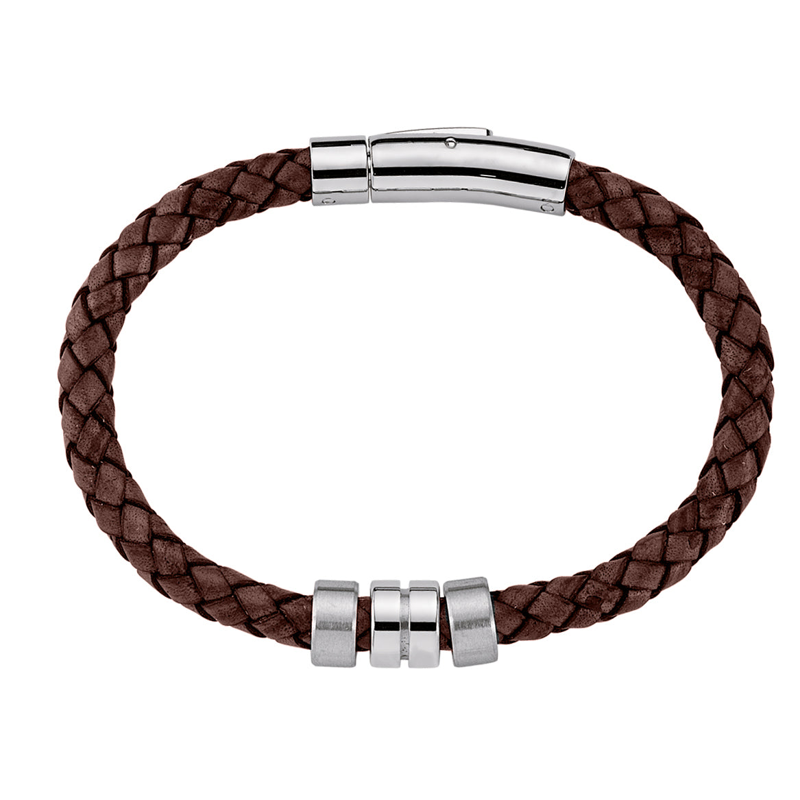 Mens Brown Leather Steel  Satin Ring Weave Magnetic Bracelet - BRC46BRN