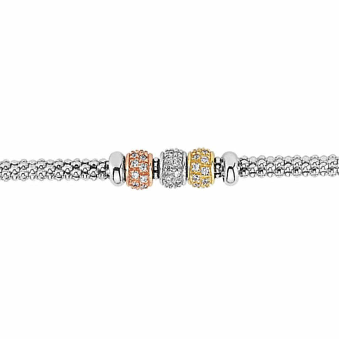 3-Colour Silver  CZ Pave Popcorn Bead Bracelet 5mm 7.25 inch - BRC74RH