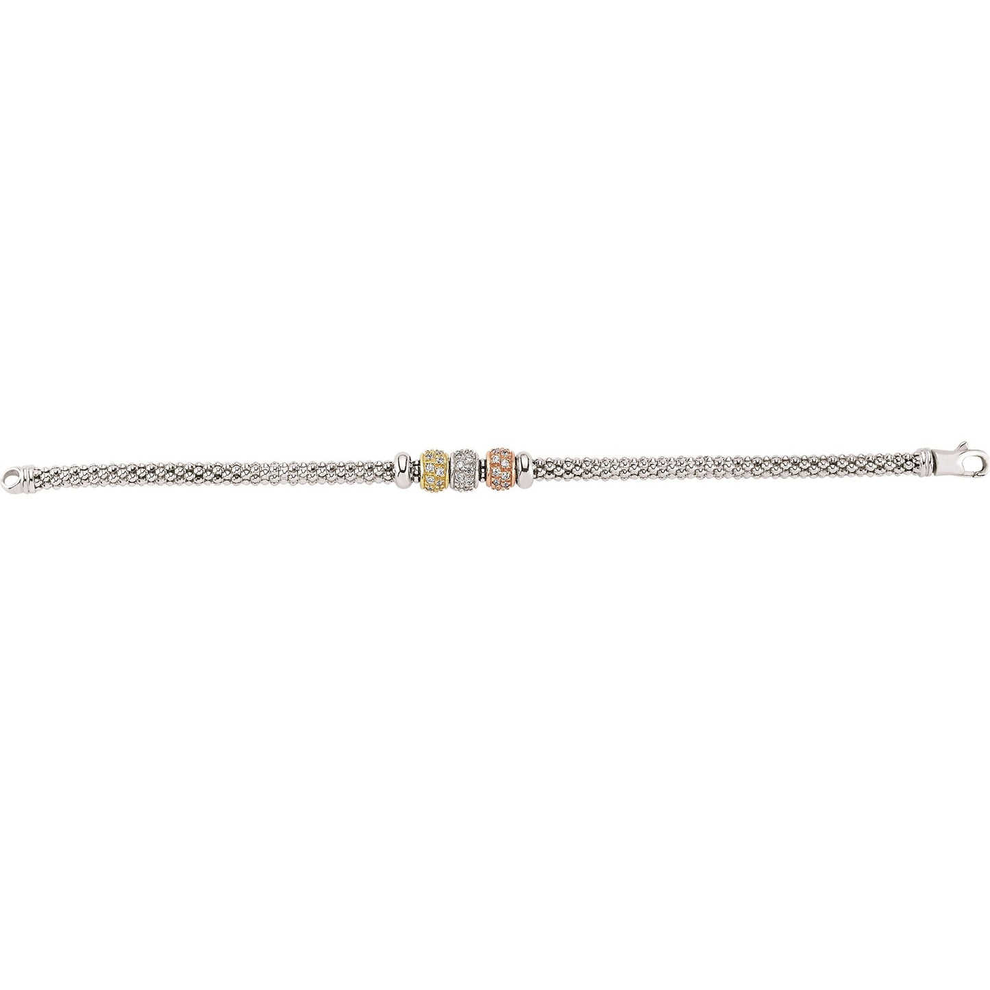 3-Colour Silver  CZ Pave Popcorn Bead Bracelet 5mm 7.25 inch - BRC74RH