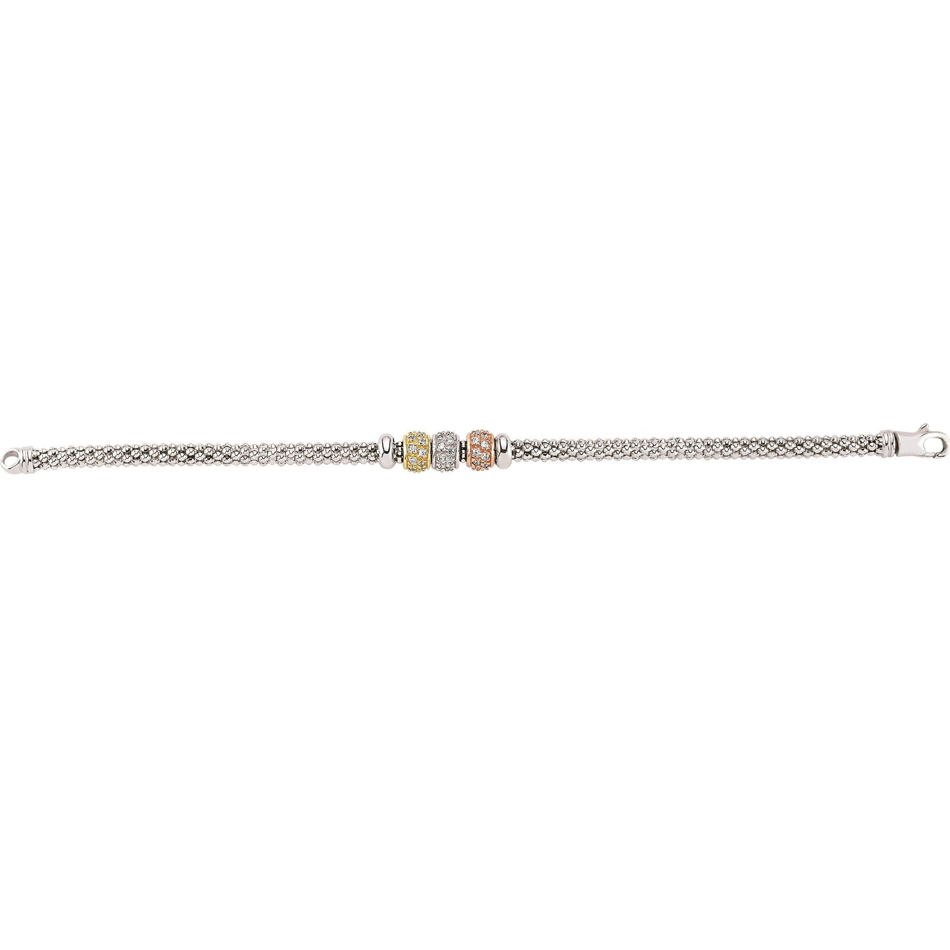 3-Colour Silver  CZ Pave Popcorn Bead Bracelet 5mm 7.25 inch - BRC74RH