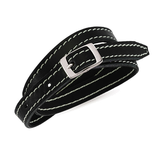 Mens Steel  Black Leather Watch Clasp Threaded Strap Bracelet - BRC92