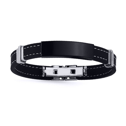 Mens Stainless Steel  Black Silicone ID Bar Strap Bracelet - BRC95