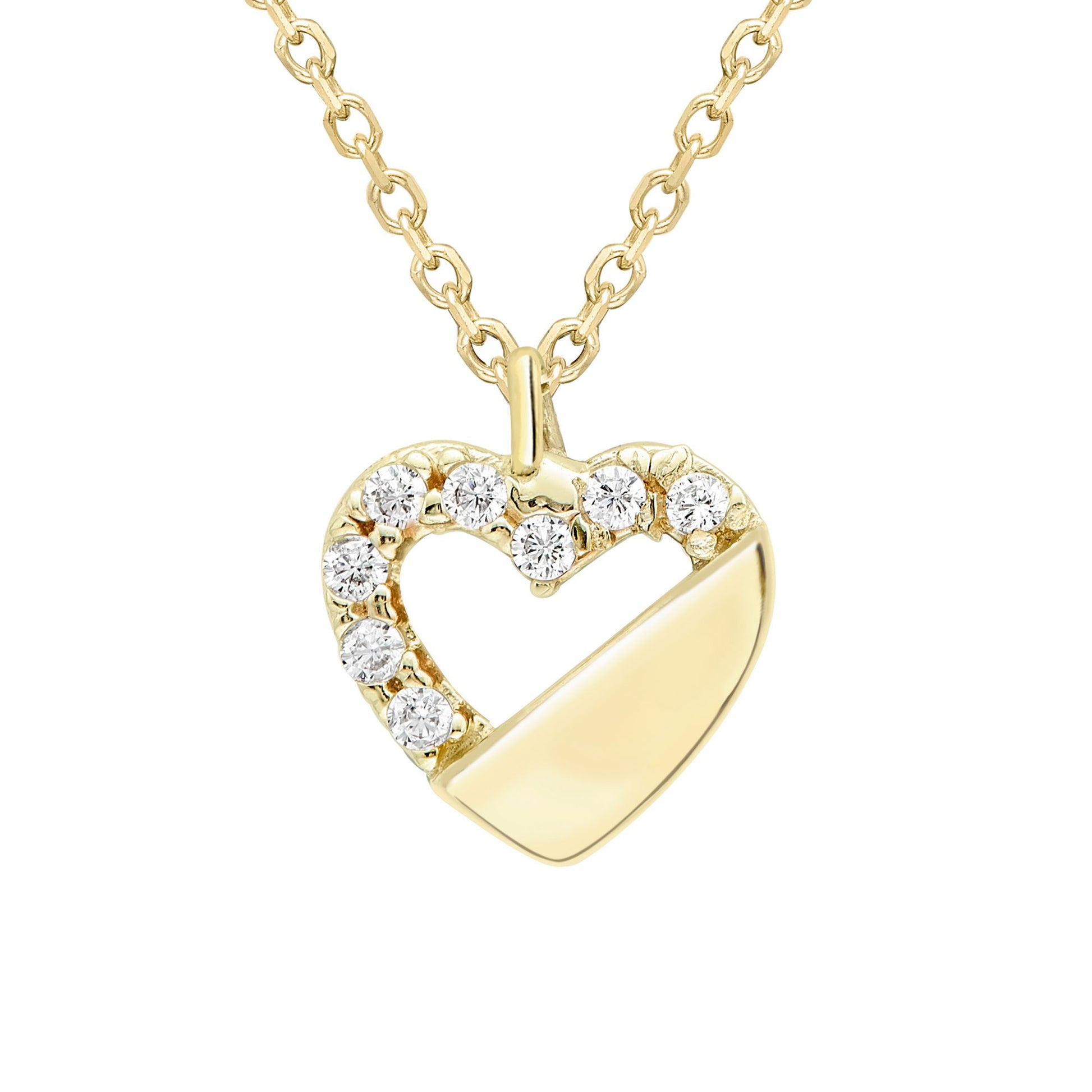 9ct Gold  CZ Encrusted Semi Open Love Heart Necklace 8mm 17" - CANR02062-17