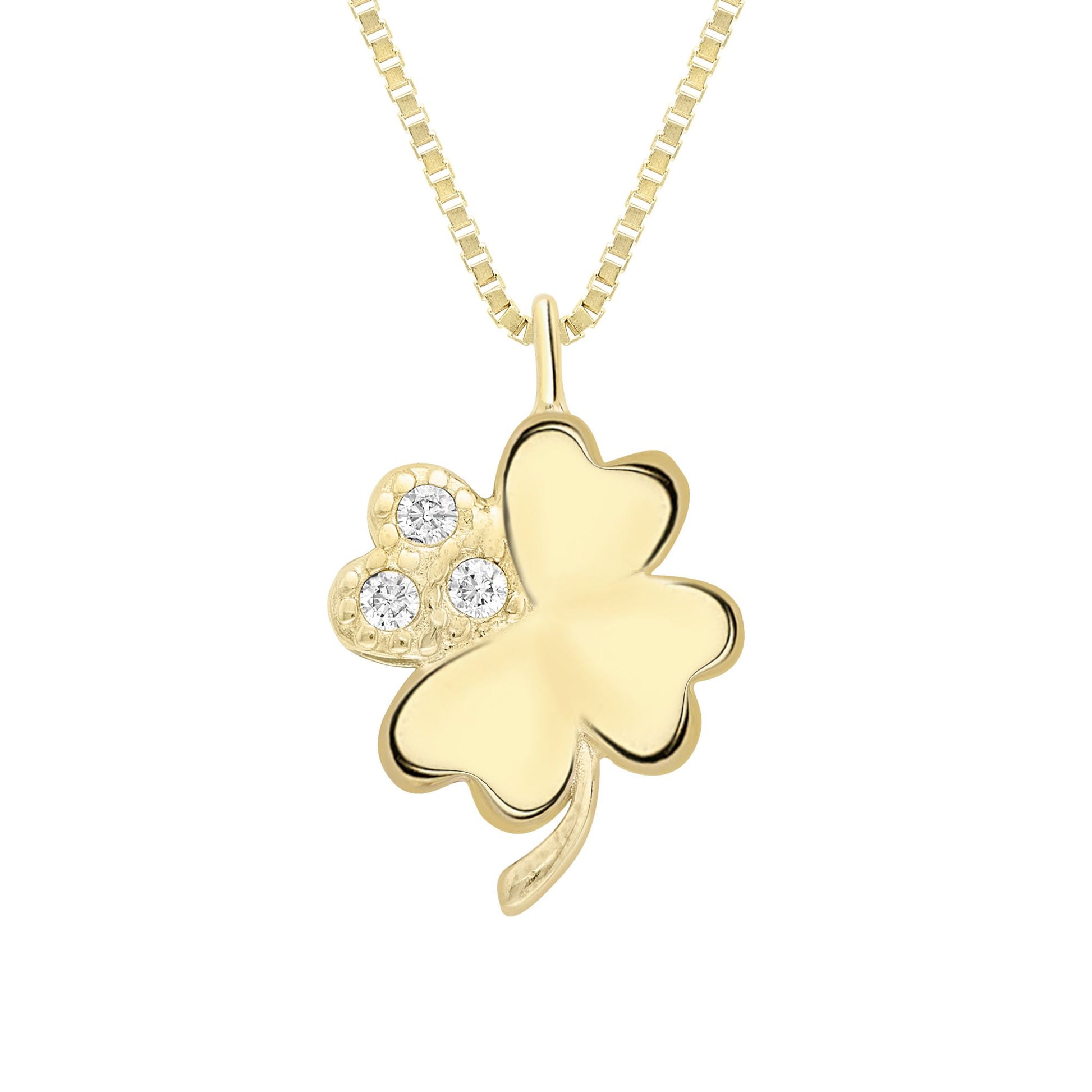 9ct Gold  CZ Accent Cluster Lucky 4 Leaf Clover Necklace 8mm 17" - CANR02065-17
