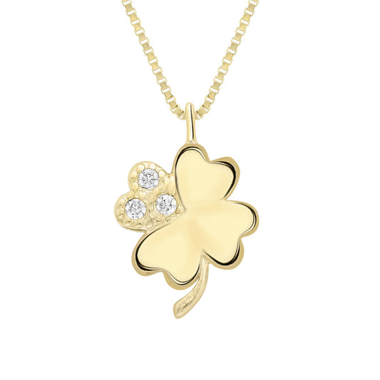 9ct Gold  CZ Accent Cluster Lucky 4 Leaf Clover Necklace 8mm 17" - CANR02065-17