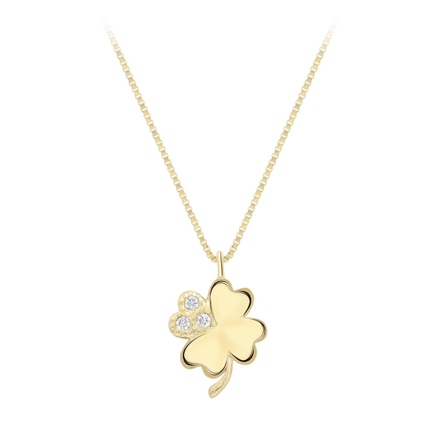 9ct Gold  CZ Accent Cluster Lucky 4 Leaf Clover Necklace 8mm 17" - CANR02065-17