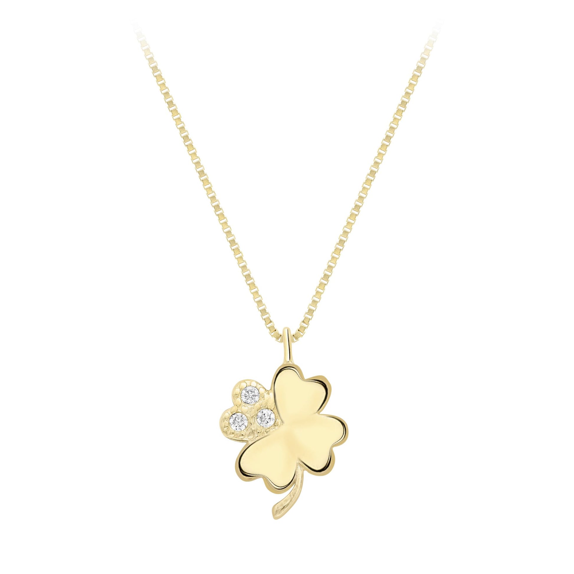 9ct Gold  CZ Accent Cluster Lucky 4 Leaf Clover Necklace 8mm 17" - CANR02065-17