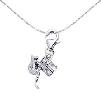 Sterling Silver  Cat In Trash Can Bin Moveable Charm Pendant - CM016