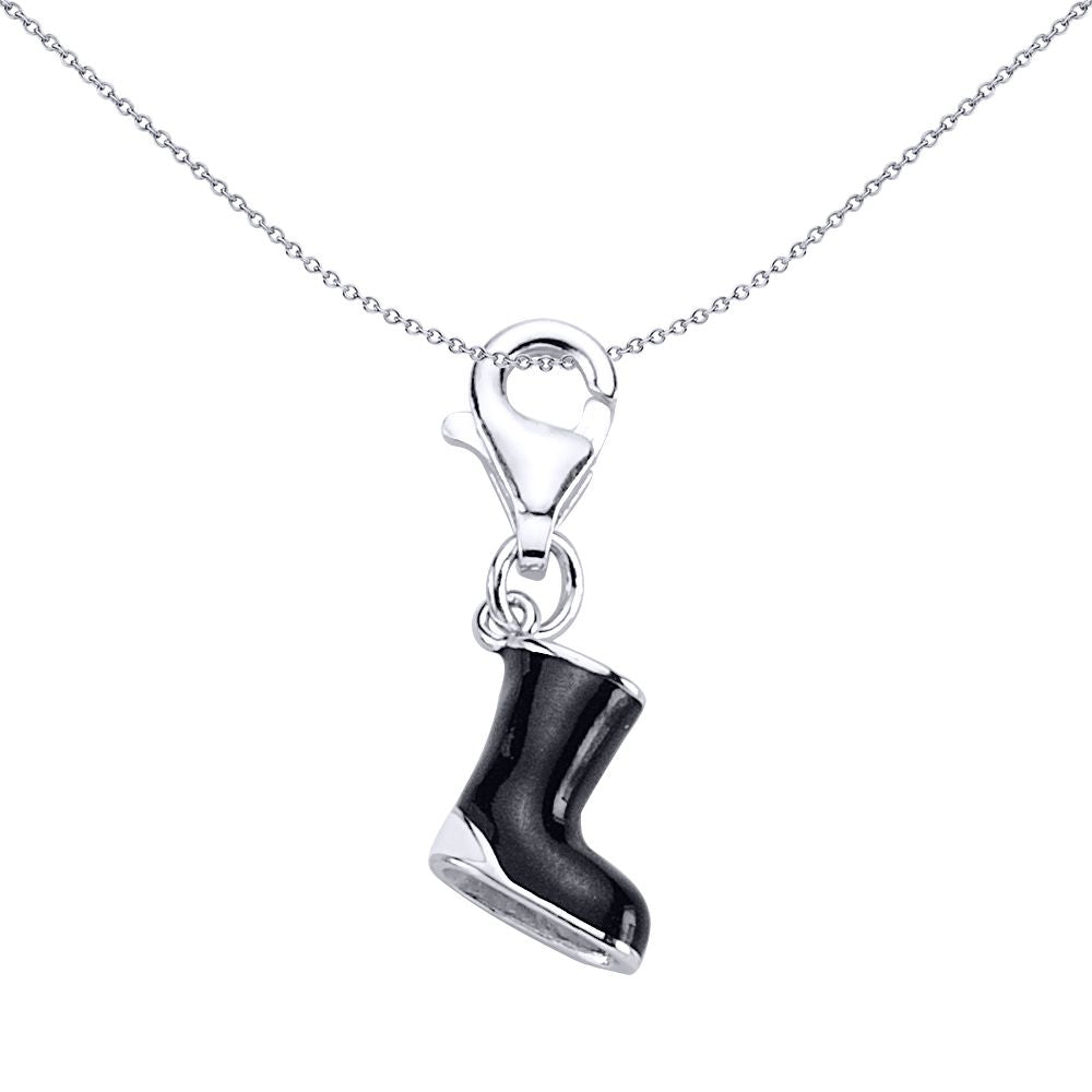 Sterling Silver  Enamel Black White Welly Boot Charm Pendant - CM048