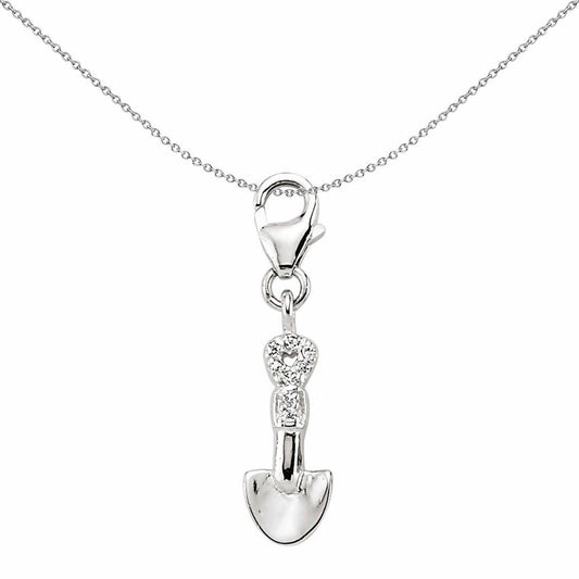 Sterling Silver  CZ Heart Shovel Spade Lobster Link Charm Pendant - CM086