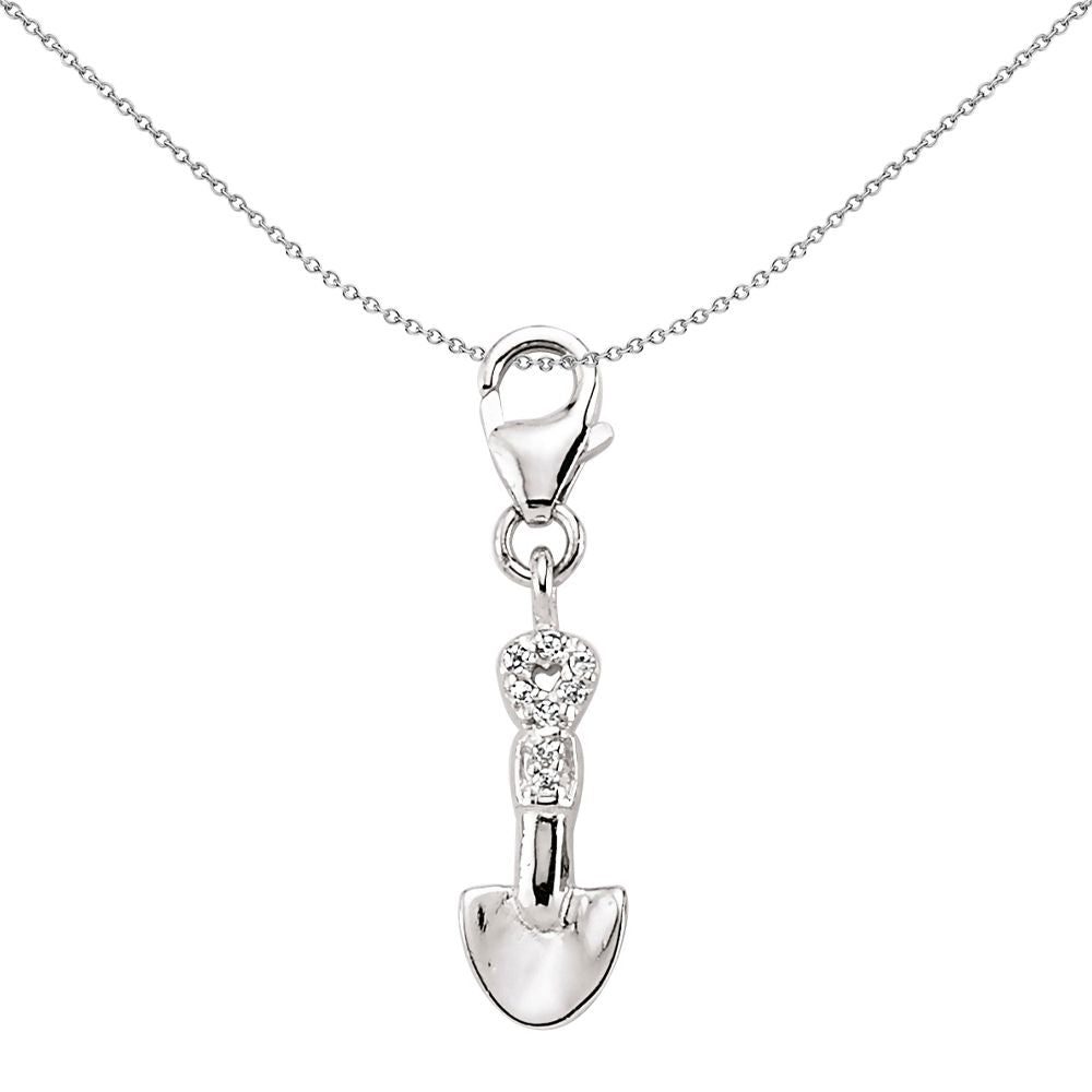 Sterling Silver  CZ Heart Shovel Spade Lobster Link Charm Pendant - CM086