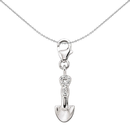 Sterling Silver  CZ Heart Shovel Spade Lobster Link Charm Pendant - CM086