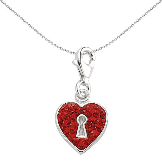 Sterling Silver  Red Crystal Love Heart Padlock Link Charm - CM093