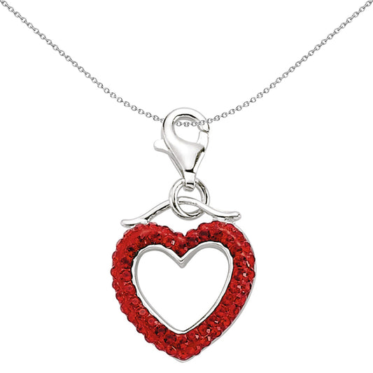 Sterling Silver  Red Crystal Open Love Heart Lobster Charm Pendant - CM095