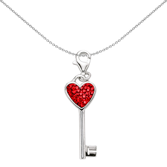 Sterling Silver  Red Crystal & Enamel Love Heart Key Link Charm - CM096