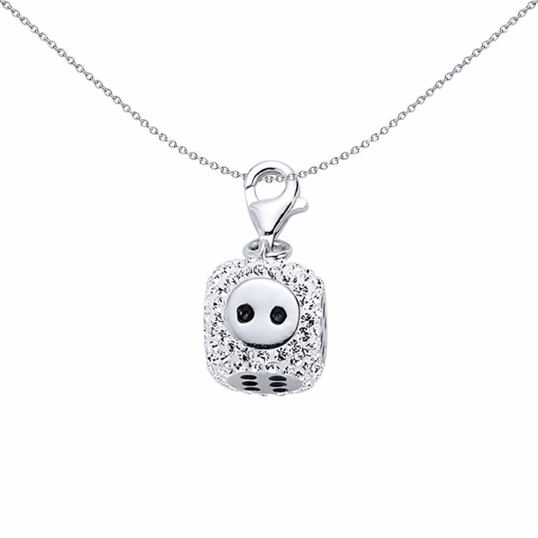 Sterling Silver  Black Enamel Crystal Lucky Dice Charm Pendant - CM098