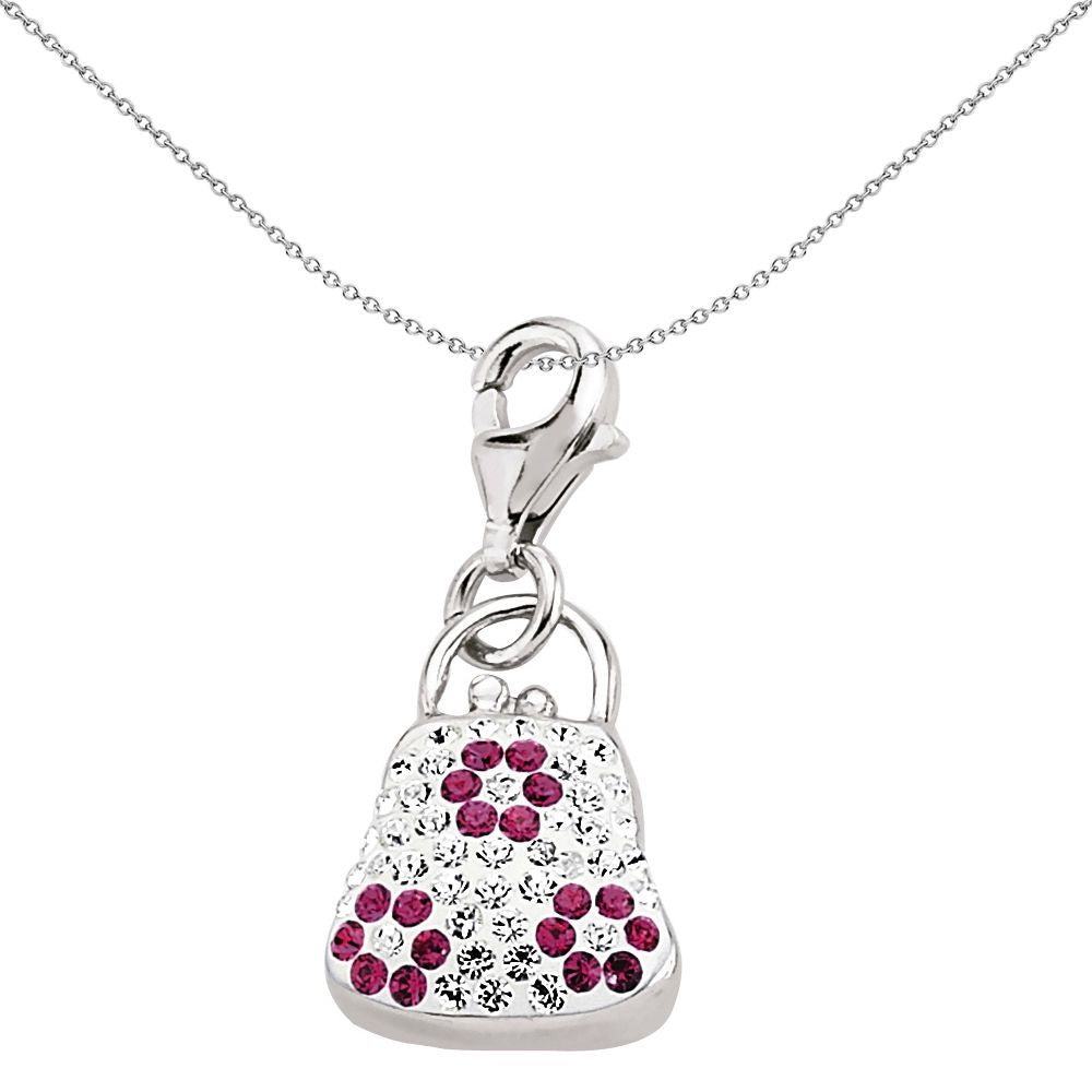 Sterling Silver  Pink White Crystal Handbag Link Charm - CM100