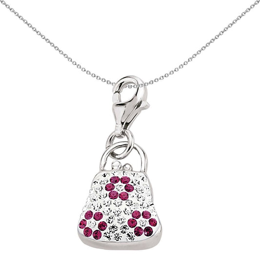 Sterling Silver  Pink White Crystal Handbag Link Charm - CM100
