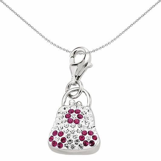 Sterling Silver  Pink White Crystal Handbag Link Charm - CM100