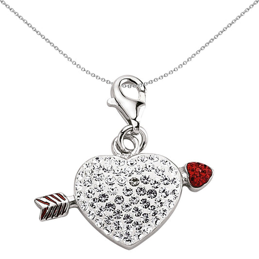 Sterling Silver  Red Crystal Love Heart Cupid's Arrow Link Charm - CM106