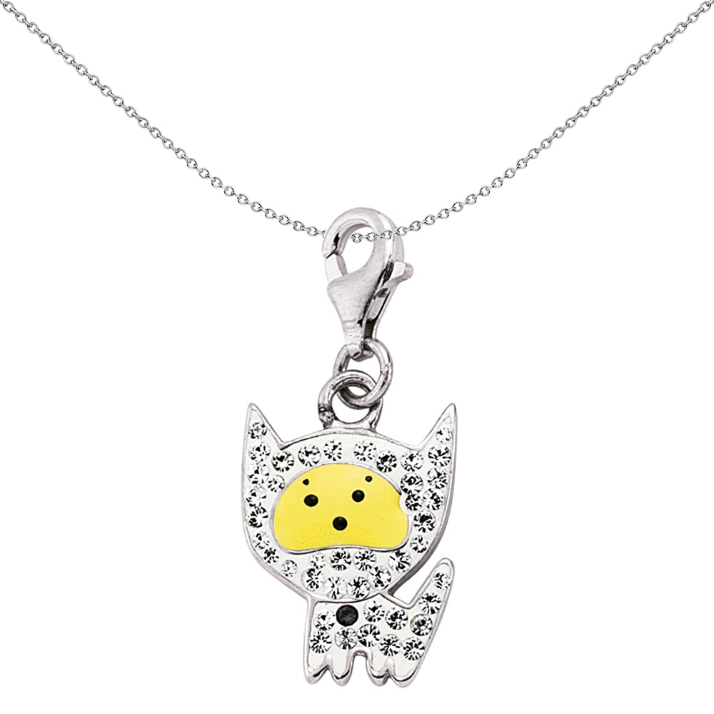 Sterling Silver  Yellow Enamel Crystal Cat Link Charm - CM107