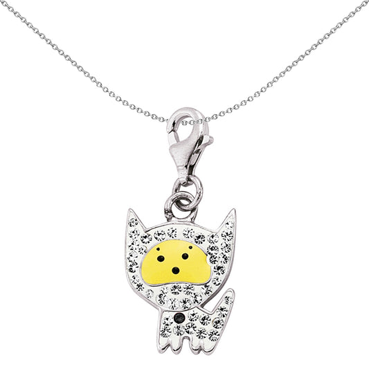 Sterling Silver  Yellow Enamel Crystal Cat Link Charm - CM107
