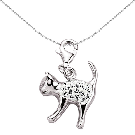 Sterling Silver  Crystal Pouncing Cat Link Charm - CM109