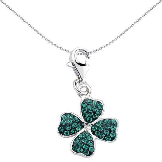Sterling Silver  Green Crystal Lucky 4 Leaf Clover Link Charm - CM114