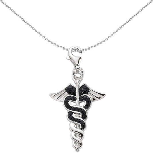 Sterling Silver  Black Crystal Rod of Asclepius Medical Link Charm - CM120