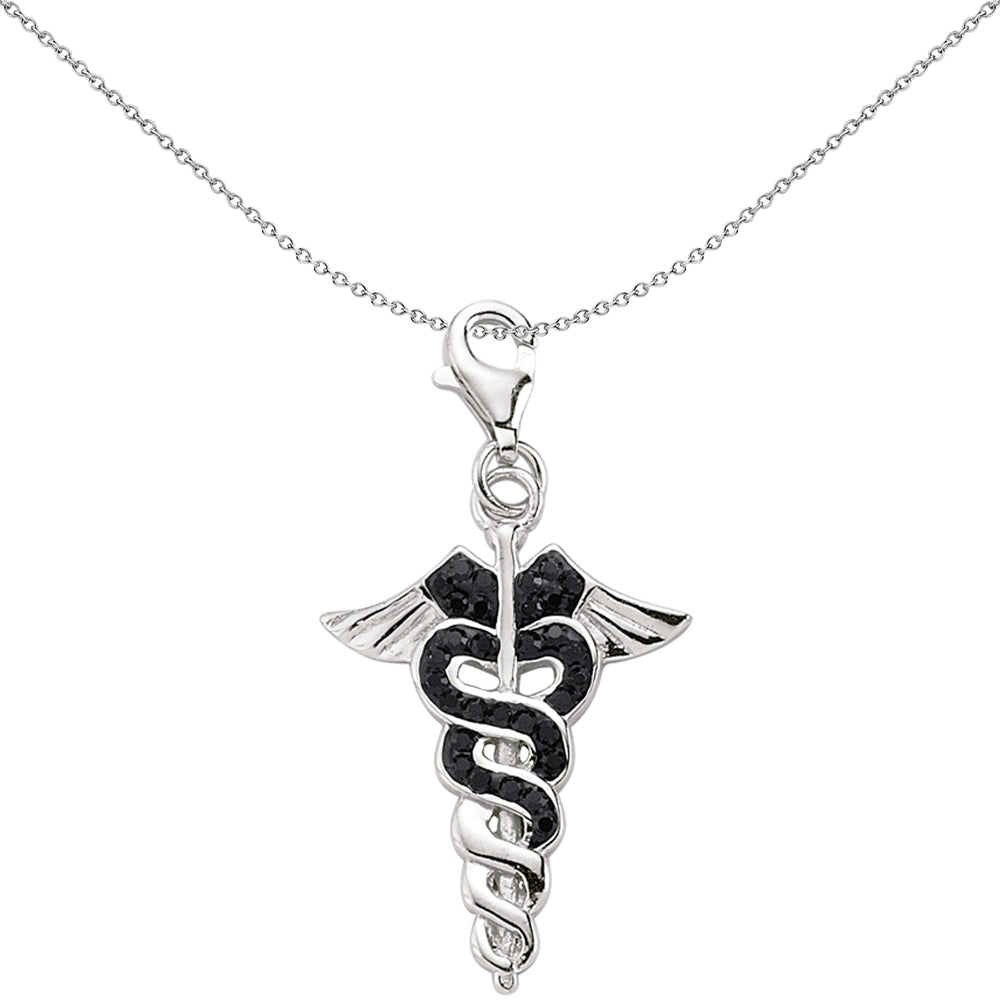 Sterling Silver  Black Crystal Rod of Asclepius Medical Link Charm - CM120