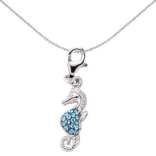 Sterling Silver  Blue Crystal Hippocampus Seahorse Link Charm - CM121