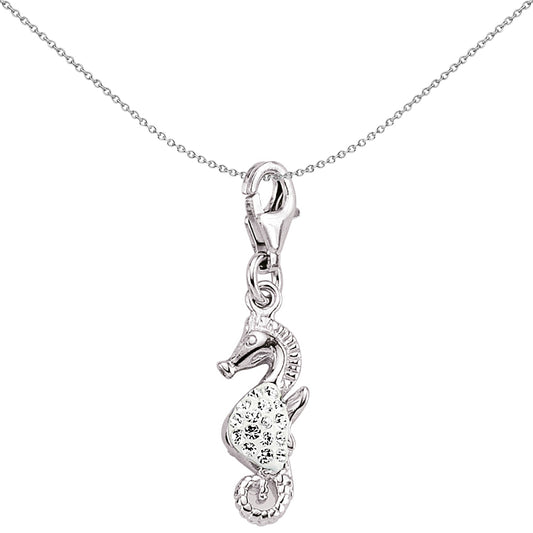 Sterling Silver  White Crystal Hippocampus Seahorse Link Charm - CM121WHT