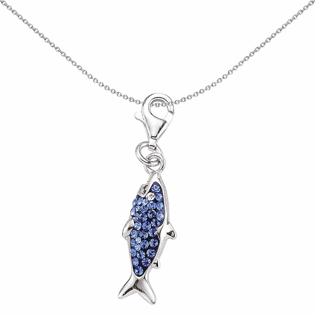 Sterling Silver  Blue Crystal Shark Fish Lobster Clasp Link Charm - CM122BLU