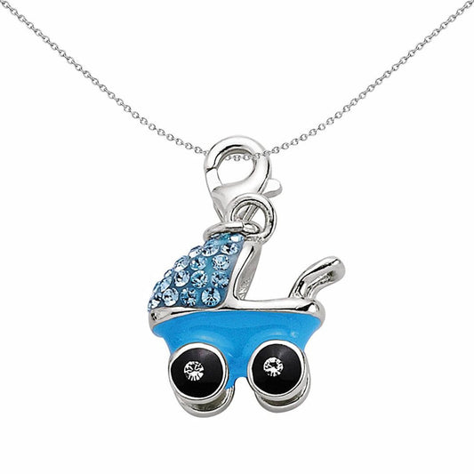 Sterling Silver  Blue Enamel Crystal Buggie Pram Link Charm - CM123BLU