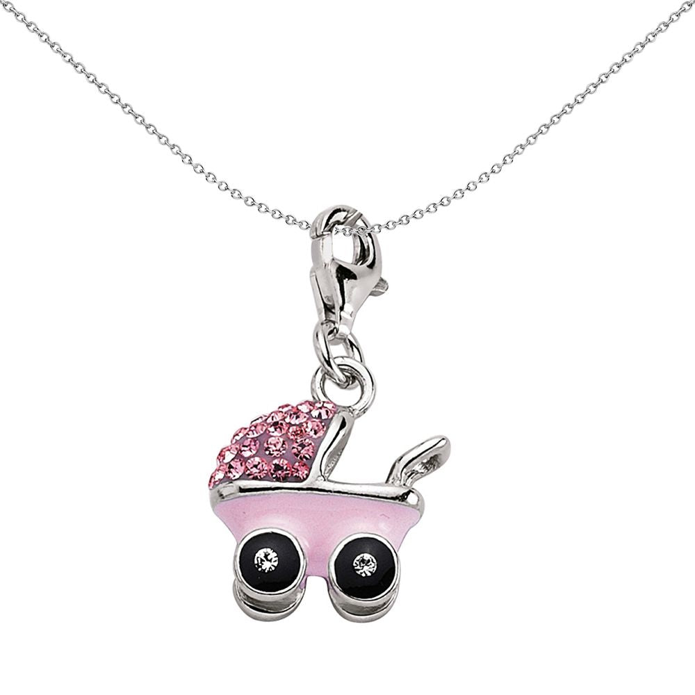 Sterling Silver  Pink Enamel Crystal Buggie Pram Link Charm - CM123