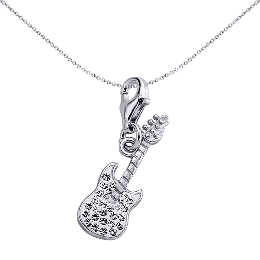 Sterling Silver  White Crystal Guitar Charm Pendant - CM124