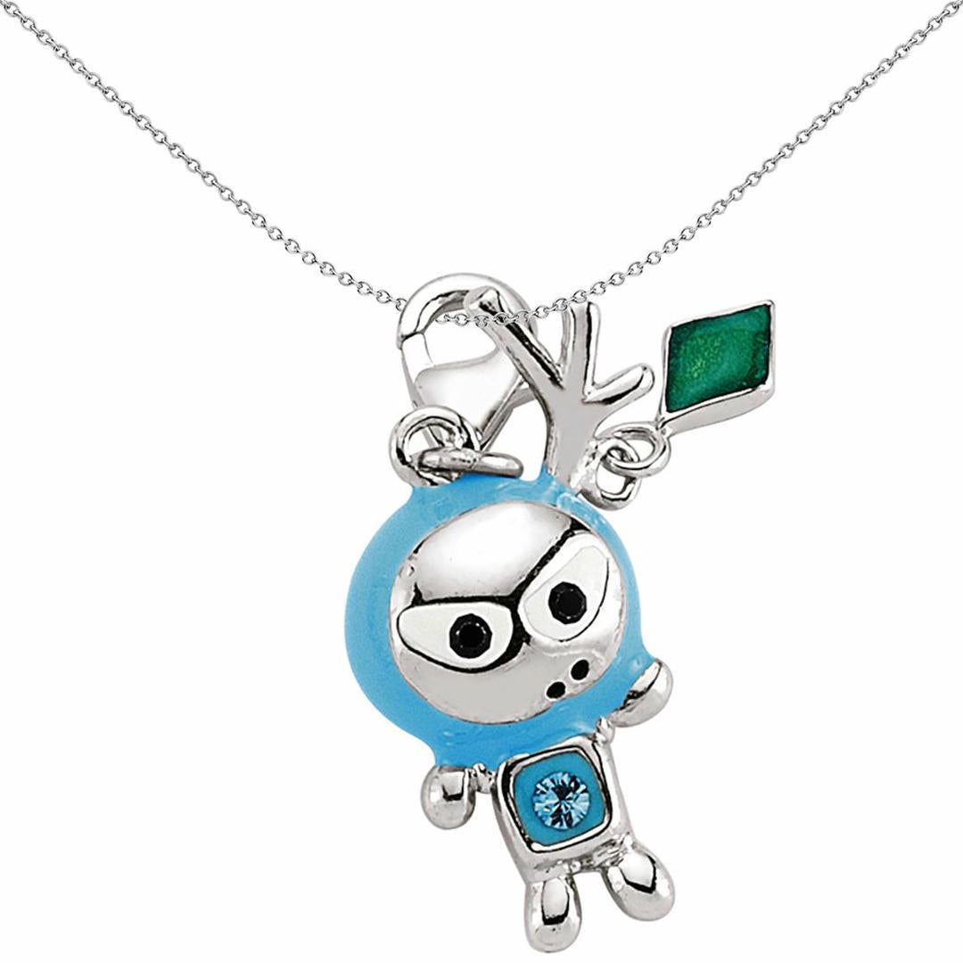 Sterling Silver  Blue Enamel Crystal Spaceman Alien Link Charm - CM129