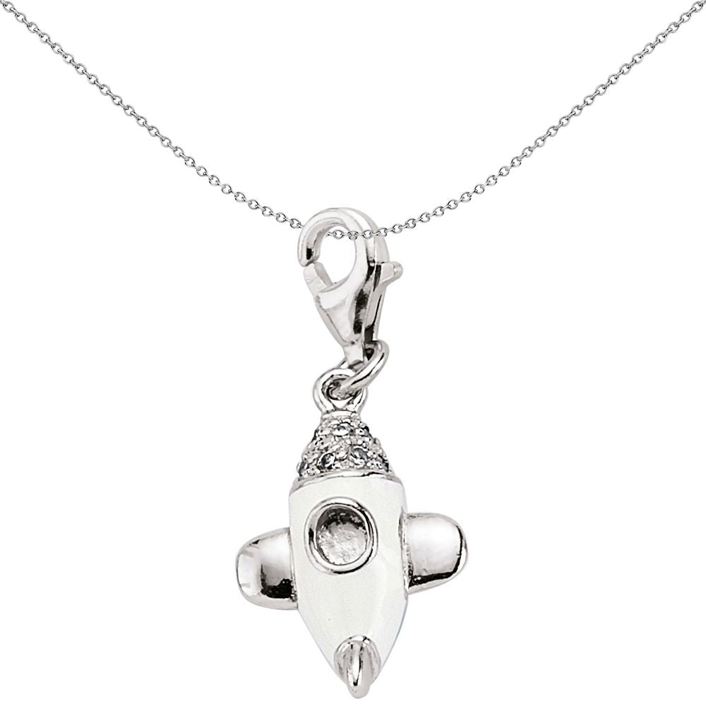 Sterling Silver  White Crystal Enamel Space Shuttle Link Charm - CM136