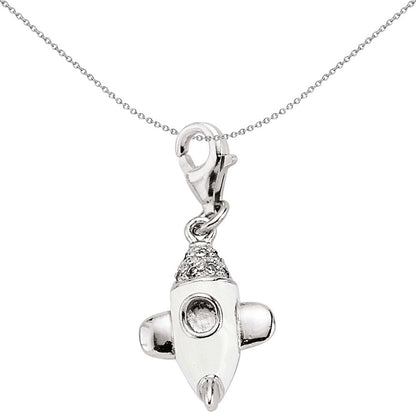 Sterling Silver  White Crystal Enamel Space Shuttle Link Charm - CM136