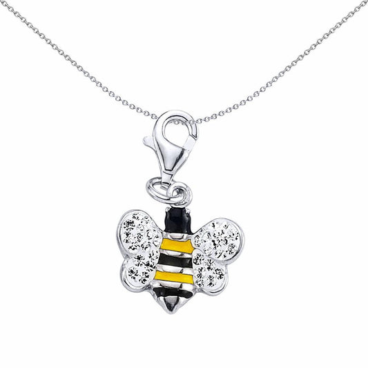 Silver  Black Yellow Enamel White Crystal Queen Bumble Bee Charm - CM137