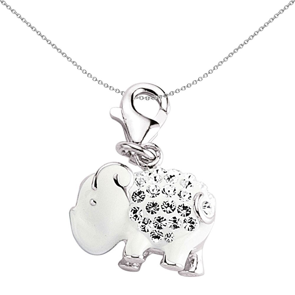 Sterling Silver  White Crystal Enamel Elephant Link Charm - CM140