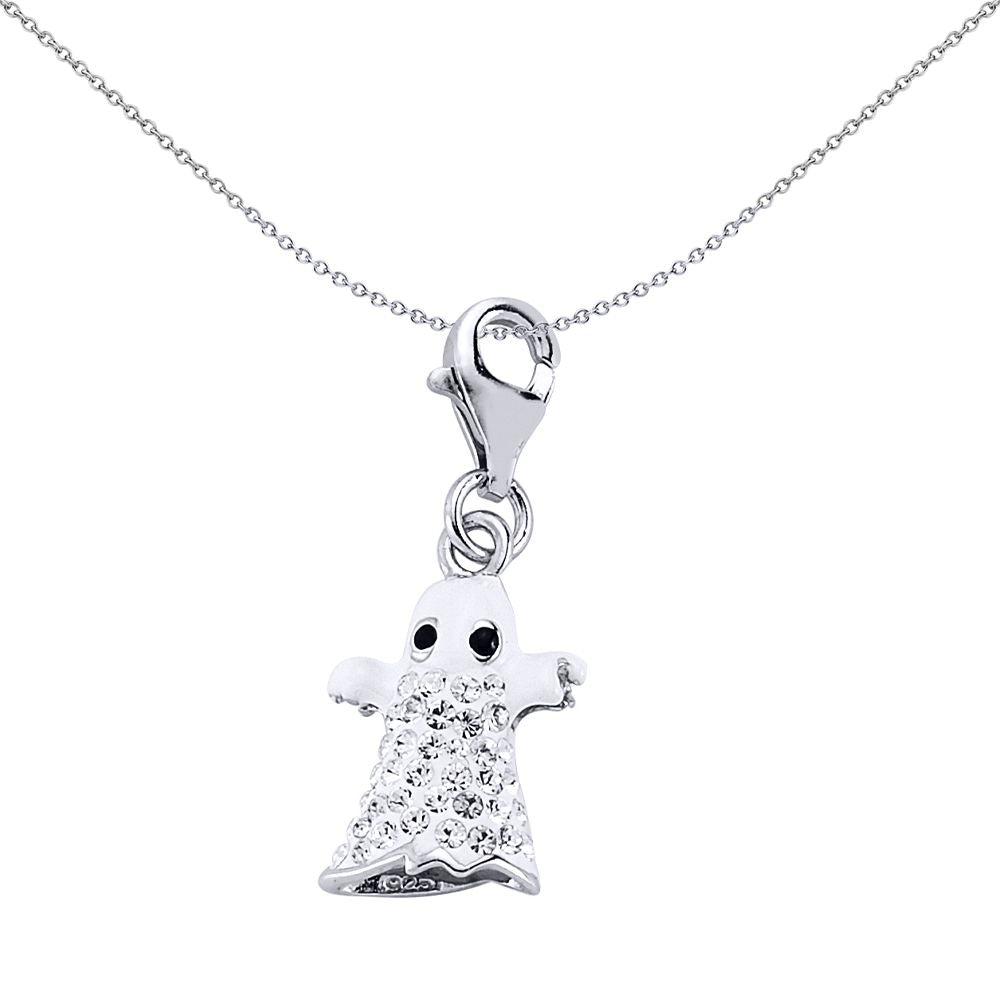 Sterling Silver  Black White Enamel Crystal Boo Ghost Charm - CM143